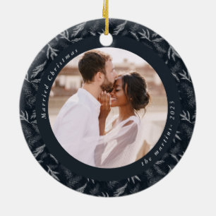 Delicate Winter Botanical Married Christmas Photo Ceramic Tree Decoration