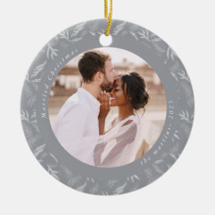 Delicate Winter Botanical Married Christmas Photo Ceramic Tree Decoration