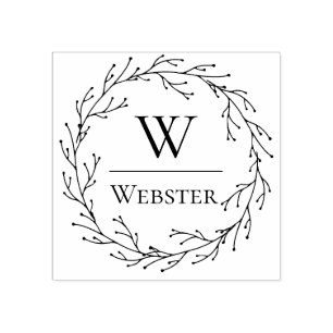 Delicate Winter Branch Wreath Monogram Rubber Stamp