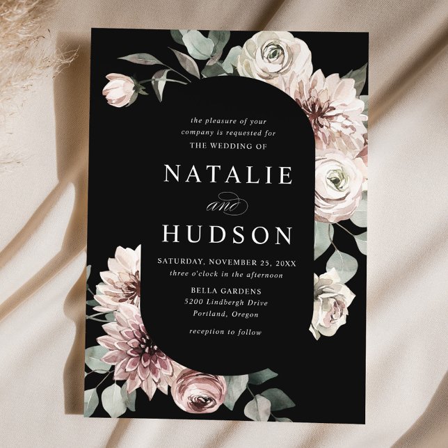 Delicate Winter Floral Frame Black Wedding Invitation (Creator Uploaded)