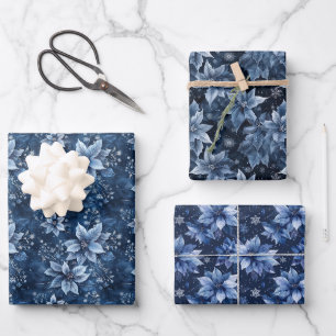 Delicate Winter Floral Pattern, Blue Poinsettias Wrapping Paper Sheet