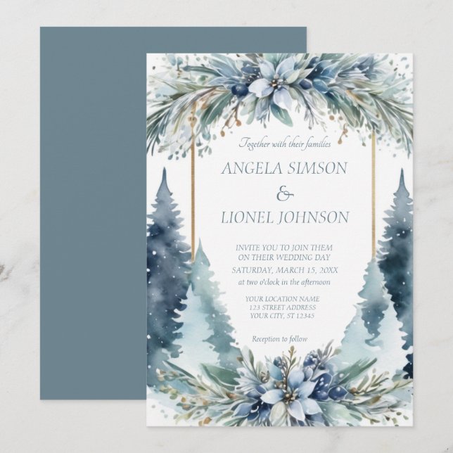 Delicate Winter Flowers Pine Trees Wedding Invitation (Front/Back)