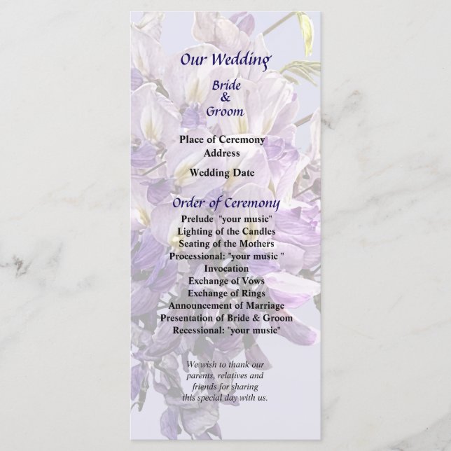 Delicate Wisteria Wedding Program Programme (Front)
