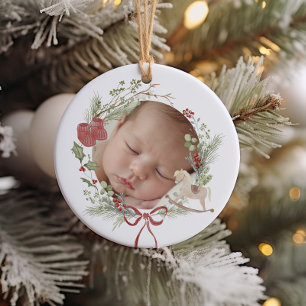 Delicate Wreath First Christmas Photo Ceramic Tree Decoration