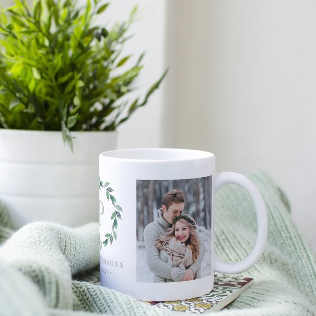 Delicate Wreath Greenery Custom Monogram Photo Mug (Creator Uploaded)