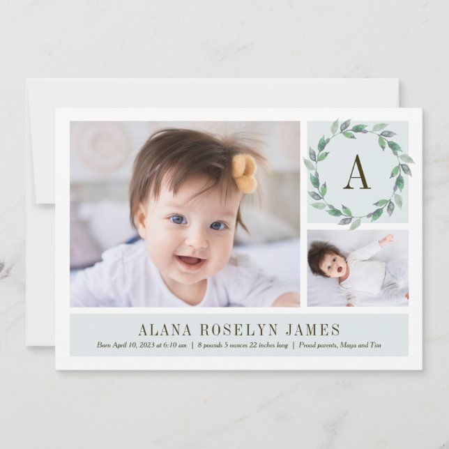 Delicate Wreath Watercolor Baby Birth Announcement (Front)