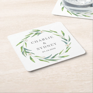 Delicate Wreath Wedding Bridal Shower Square Paper Coaster