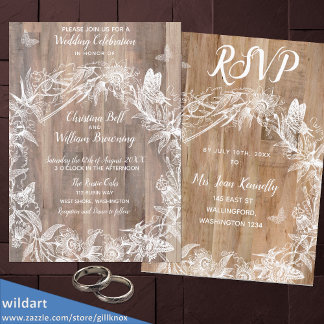 DELICATE Wreath White Butterfly Wood Wedding RSVP Invitation