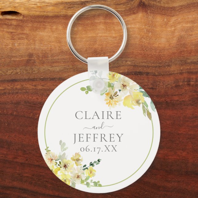 Delicate Yellow Floral Sage Green Custom Wedding Key Ring (Front)