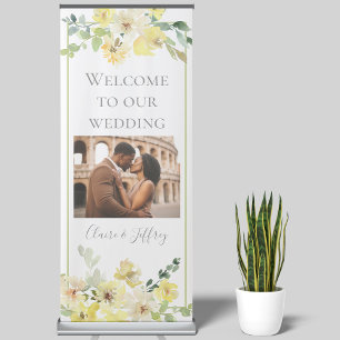 Delicate Yellow Floral Sage Green Photo Wedding Retractable Banner