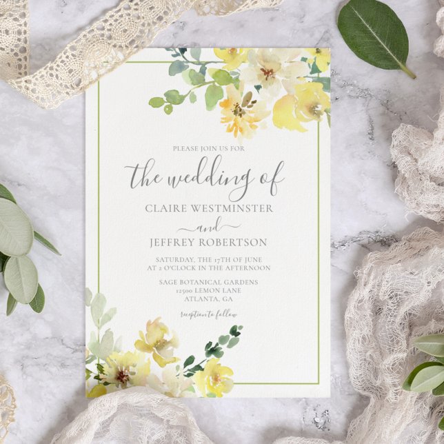 Delicate Yellow Floral Sage Green Summer Wedding Invitation (Creator Uploaded)