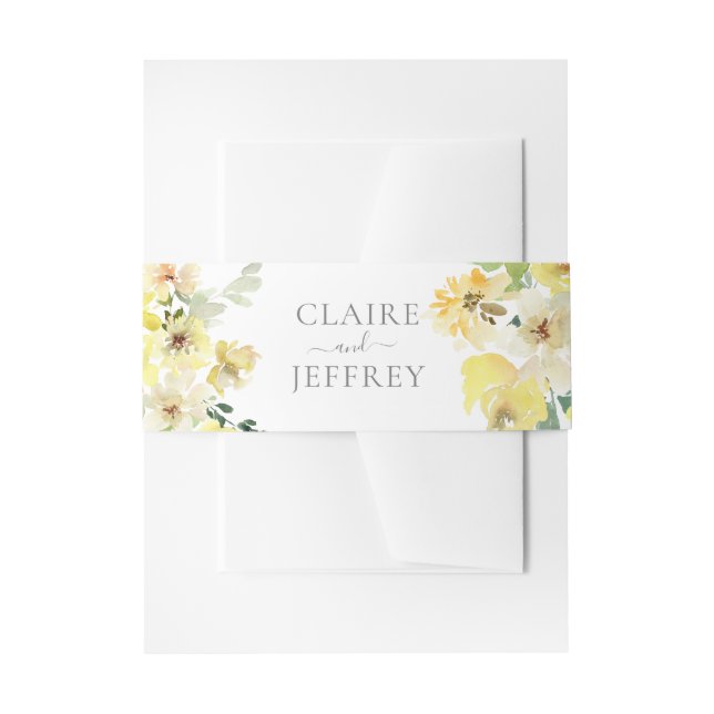 Delicate Yellow Floral Sage Green Summer Wedding Invitation Belly Band (Front Example)