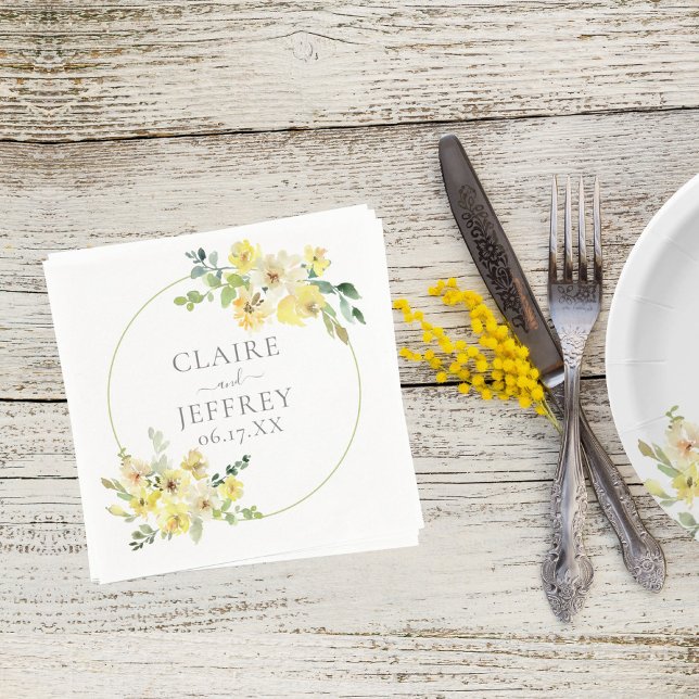 Delicate Yellow Floral Sage Green Summer Wedding Napkin (Creator Uploaded)