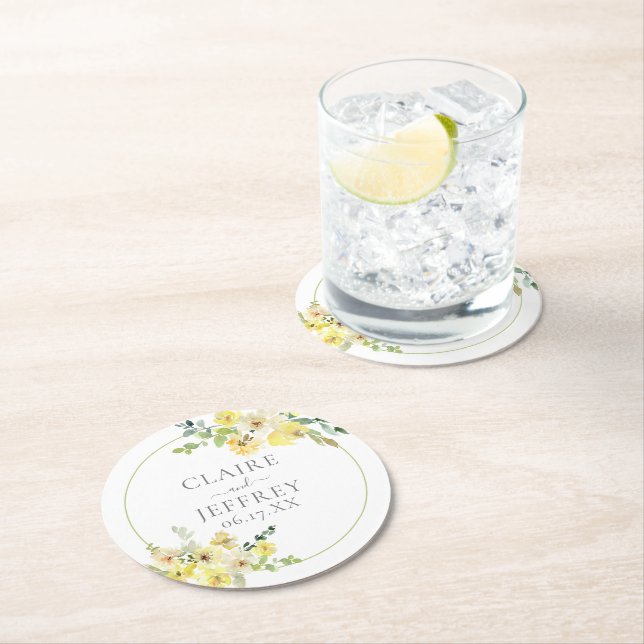 Delicate Yellow Floral Sage Green Summer Wedding Round Paper Coaster (Insitu)