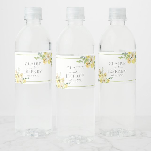 Delicate Yellow Floral Sage Green Summer Wedding Water Bottle Label (Bottles)