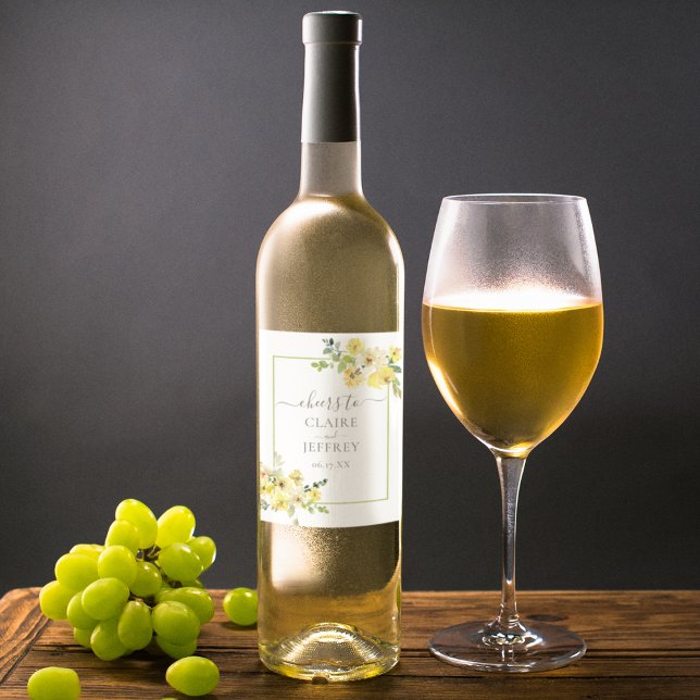 Delicate Yellow Floral Sage Green Summer Wedding Wine Label (Creator Uploaded)