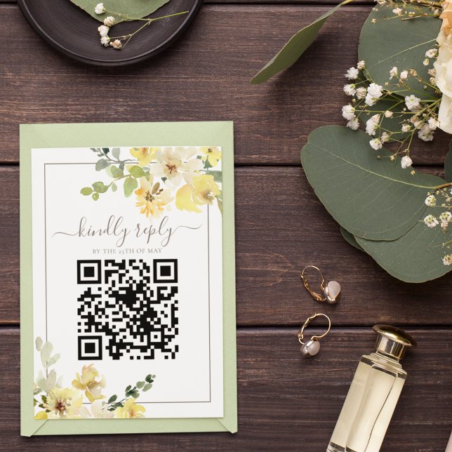 Delicate Yellow Floral Sage QR Code Summer Wedding RSVP Card (Creator Uploaded)