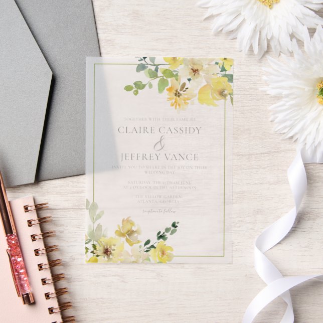 Delicate Yellow Floral Summer Garden Wedding Vellum Invitations (Wedding)