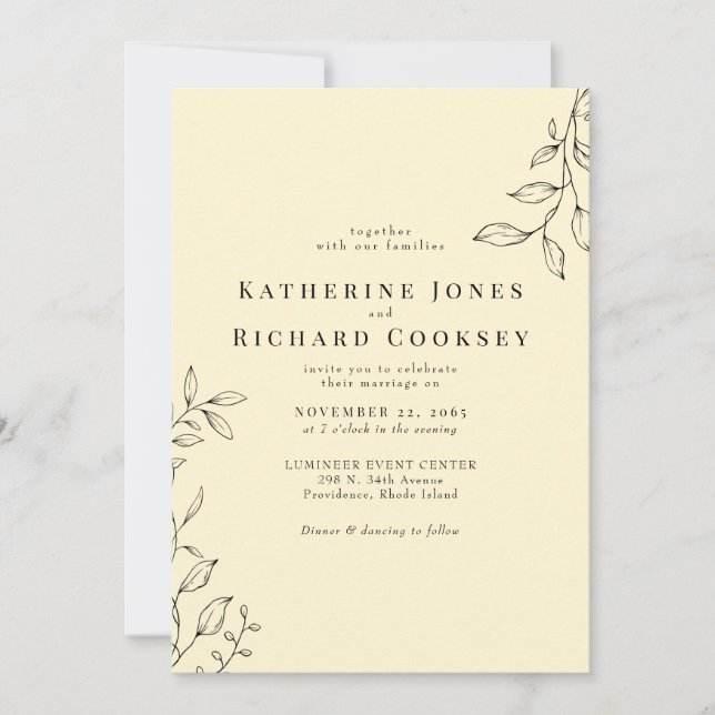 Delicate Yellow Modern Foliage  Simple Wedding Invitation (Front)