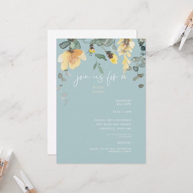 Delicate Yellow Peony Floral Bridal Shower  Invitation (Front/Back In Situ)