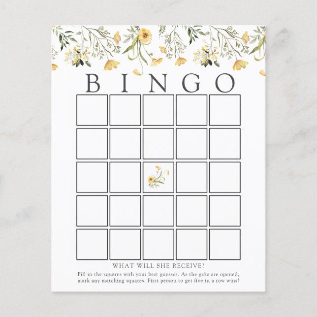 Delicate Yellow Wildflower Baby Bingo Game Card (Front)