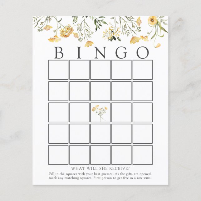 Delicate Yellow Wildflower Bingo Game Card (Front)