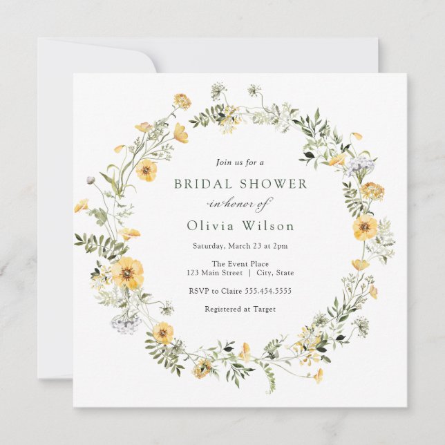 Delicate Yellow Wildflower Wreath Bridal Shower Invitation (Front)