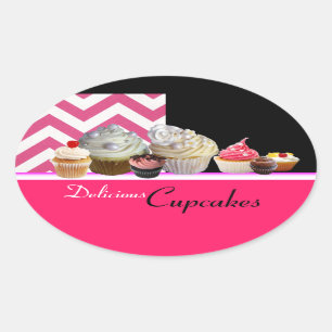 DELICIOUS BIRTHDAY CUPCAKES PINK WHITE CHEVRON OVAL STICKER