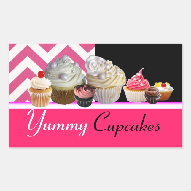 DELICIOUS BIRTHDAY CUPCAKES PINK WHITE CHEVRON RECTANGULAR STICKER (Front)