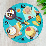 Delicious Breakfast Pancakes Eggs Coffee  Large Clock<br><div class="desc">Introducing our Breakfast Bonanza Wall Clock – a delightful fusion of flavour and functionality! Start your day with a burst of energy and a side of style as you adorn your kitchen or dining space with this whimsical timepiece. Featuring a charming graphic design that showcases the morning essentials – fried...</div>