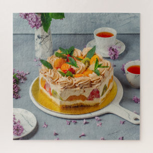 Delicious Cake With Tea Rustic Floral Jigsaw Puzzle