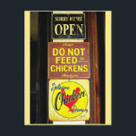 Delicious Chicken Dinners Funny Sign Postcard<br><div class="desc">"Delicious Chicken Dinners Funny Sign Postcard" by Catherine Sherman. A chicken restaurant in St. John,  U.S. Virgin Islands,  warns patrons not to feed the chickens running around outside the restaurant while promising delicious chicken dinners inside.</div>