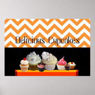 DELICIOUS CUPCAKE DESERT SHOP ORANGE WHITE CHEVRON POSTER
