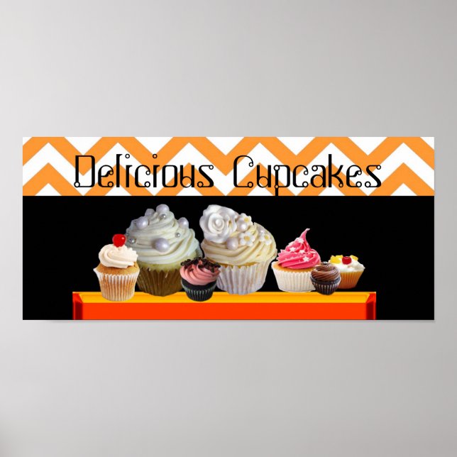 DELICIOUS CUPCAKE DESERT SHOP ORANGE WHITE CHEVRON POSTER (Front)