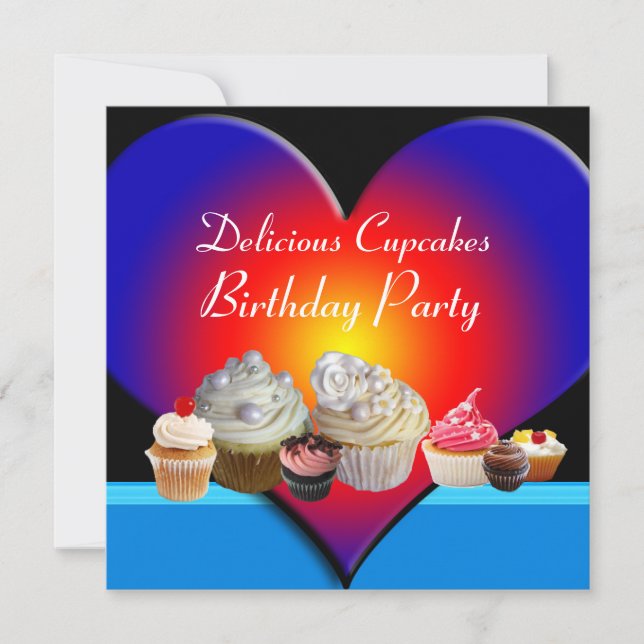 DELICIOUS CUPCAKES BIRTHDAY PARTY Blue Red Heart Invitation (Front)