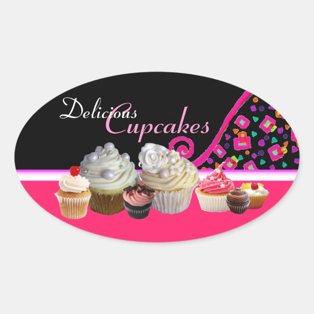 DELICIOUS CUPCAKES BIRTHDAY PARTY Pink Dots Oval Sticker (Front)