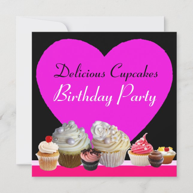 DELICIOUS CUPCAKES BIRTHDAY PARTY pink heart black Invitation (Front)