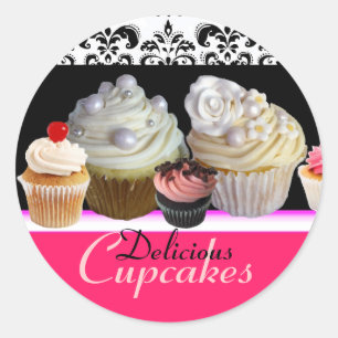 DELICIOUS CUPCAKES BIRTHDAY PARTY ,red pink black Classic Round Sticker