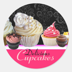 DELICIOUS CUPCAKES BIRTHDAY PARTY ,red pink black Classic Round Sticker