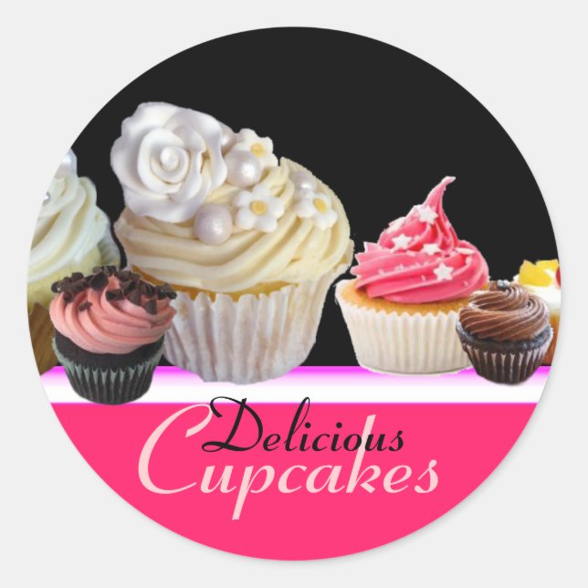 DELICIOUS CUPCAKES BIRTHDAY PARTY ,red pink black Classic Round Sticker (Front)