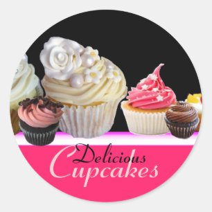 DELICIOUS CUPCAKES BIRTHDAY PARTY ,red pink black Classic Round Sticker