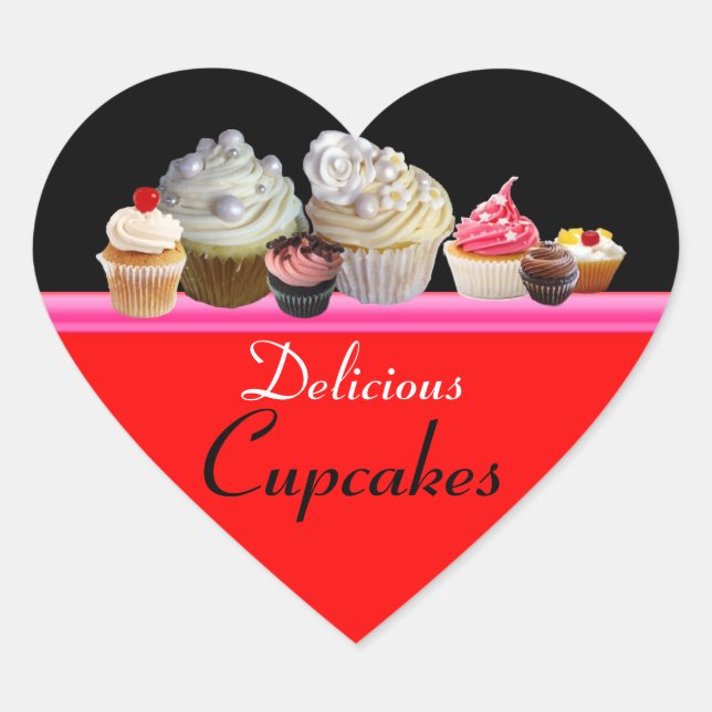 DELICIOUS CUPCAKES BIRTHDAY PARTY ,red pink black Heart Sticker (Front)