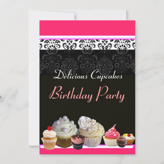 DELICIOUS CUPCAKES BIRTHDAY PARTY ,red pink black Invitation (Front)