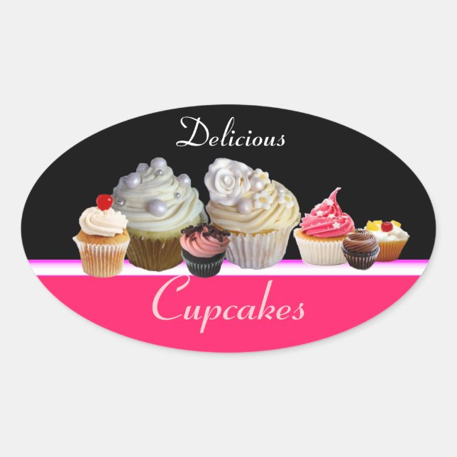DELICIOUS CUPCAKES BIRTHDAY PARTY ,red pink black Oval Sticker (Front)