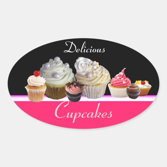 DELICIOUS CUPCAKES BIRTHDAY PARTY ,red pink black Oval Sticker (Front)