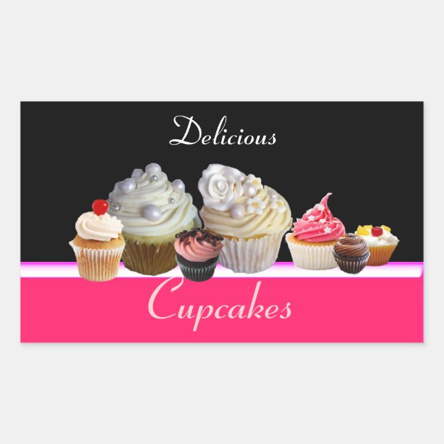 DELICIOUS CUPCAKES BIRTHDAY PARTY ,red pink black Rectangular Sticker (Front)