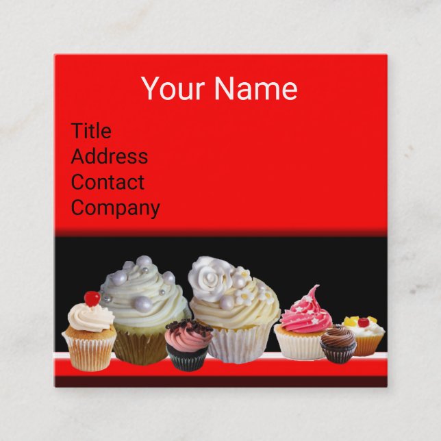 DELICIOUS CUPCAKES DESERT SHOP Black Red Bakery Square Business Card (Front)