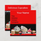 DELICIOUS CUPCAKES DESERT SHOP Black Red Bakery Square Business Card (Front/Back)