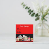 DELICIOUS CUPCAKES DESERT SHOP Black Red Bakery Square Business Card (Standing Front)