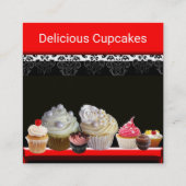 DELICIOUS CUPCAKES DESERT SHOP Black Red Bakery Square Business Card (Back)